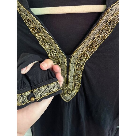 Lucky Brand Tunic Black Gold Beaded Embroidered Size S Cotton India - Picture 2 of 12